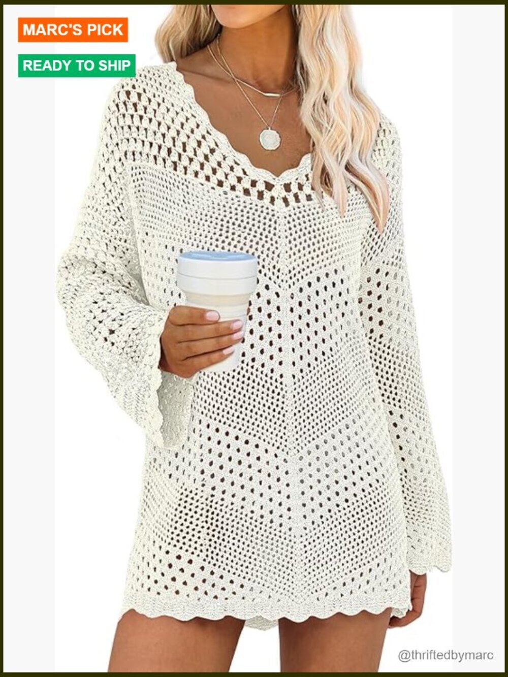 Crochet Mesh Knit V-Neck Swim Cover Up Mini Dress Long Sleeve Beach Vacation